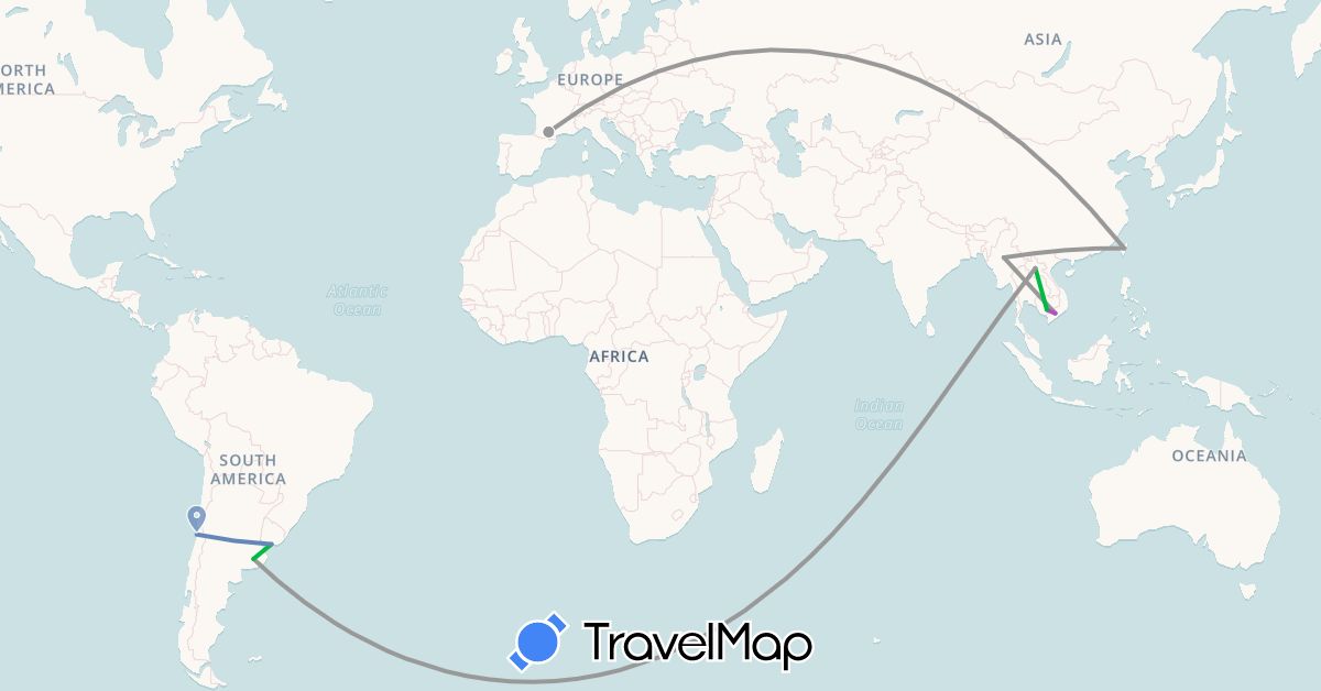TravelMap itinerary: bus, plane, cycling, train in Argentina, Chile, France, Cambodia, Laos, Myanmar (Burma), Taiwan, Uruguay, Vietnam (Asia, Europe, South America)